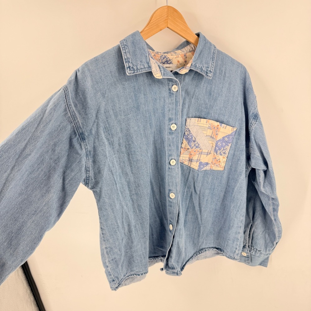 Forever 21 Patchwork Chambray Denim Button Down Size L Cottagecore Retro Plaid - Picture 8 of 8
